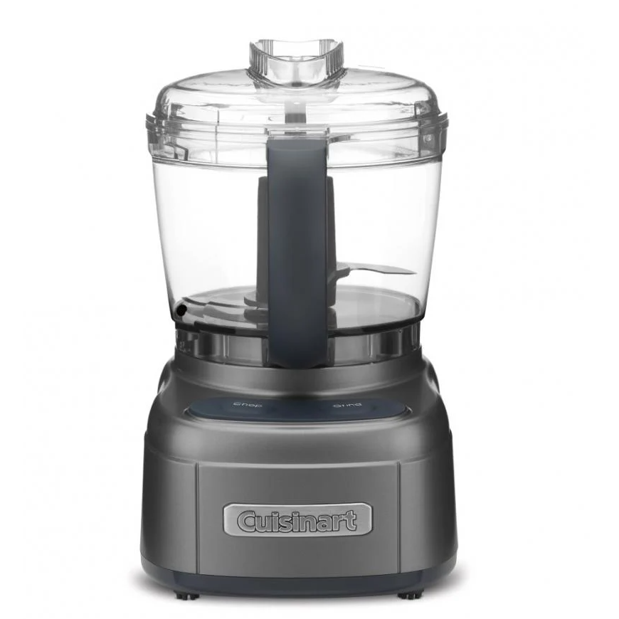 Compact electric food chopper with clear plastic container and gray base for kitchen prep and small tasks