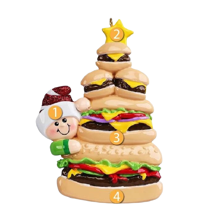 Festive burger stack ornament with smiling character in red hat for Christmas tree decorations under $50