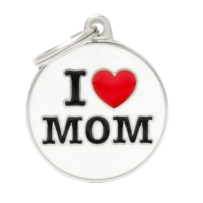 Round white metal ID tag with black text and red heart symbol expressing love for mom on keychain ring