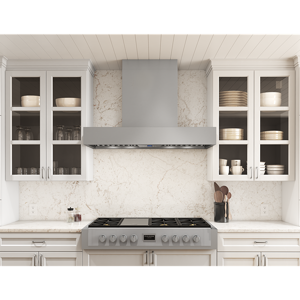 stainless steel range hood with PowerWave blower mounted between white cabinetry in modern kitchen appliances setting