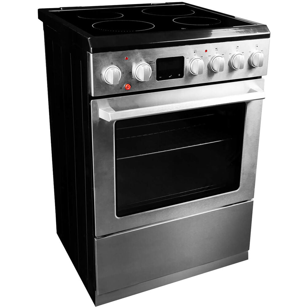 24-inch slide-in smoothtop electric range with stainless steel finish, control knobs, and digital display from kitchenware collection