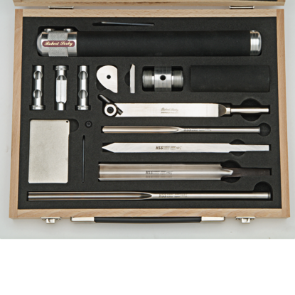 Woodturning hollowing tools and modular attachments in a wooden case from Robert Sorby woodworking tools collection