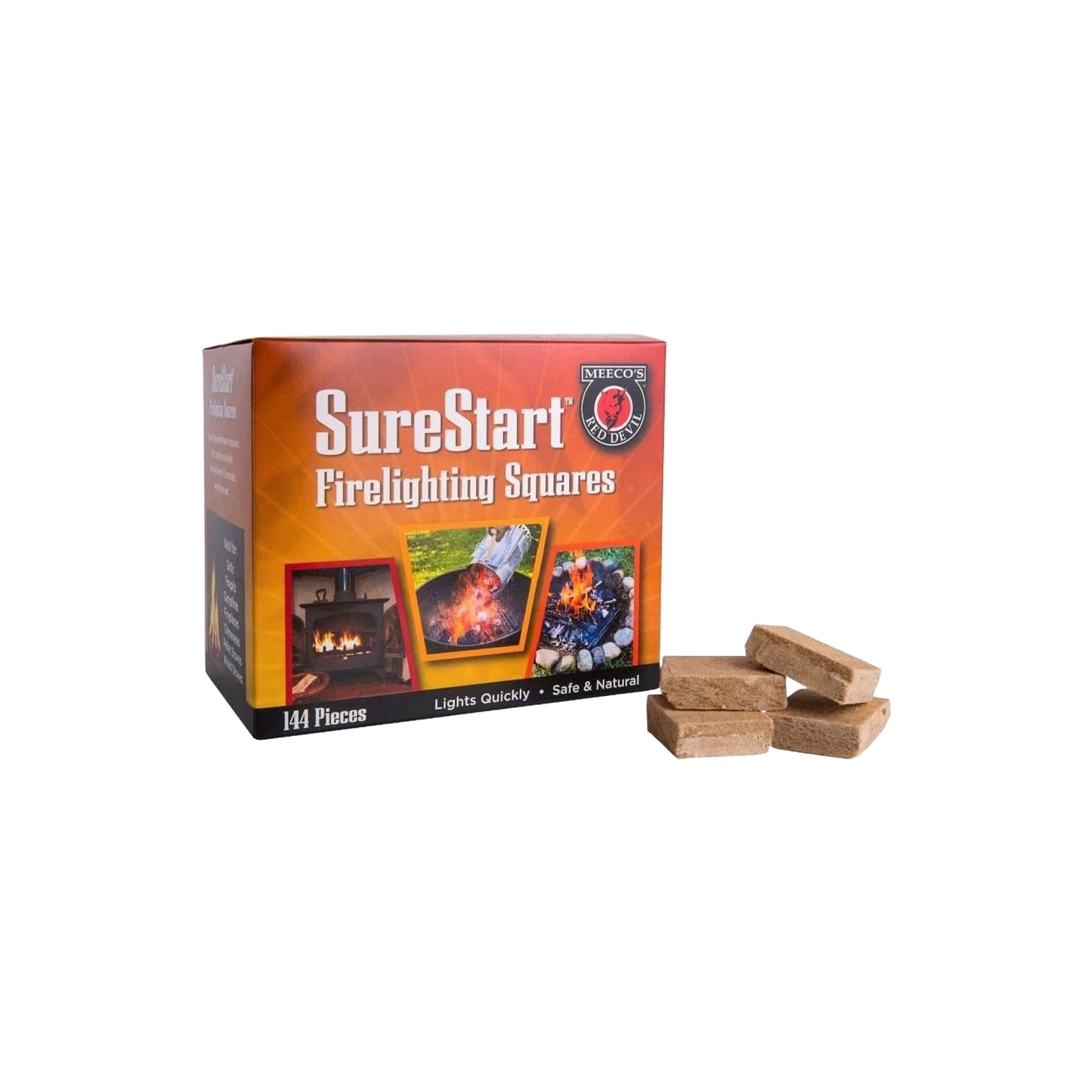 Box of natural firelighting squares with several brown starter squares displayed beside it in product shot
