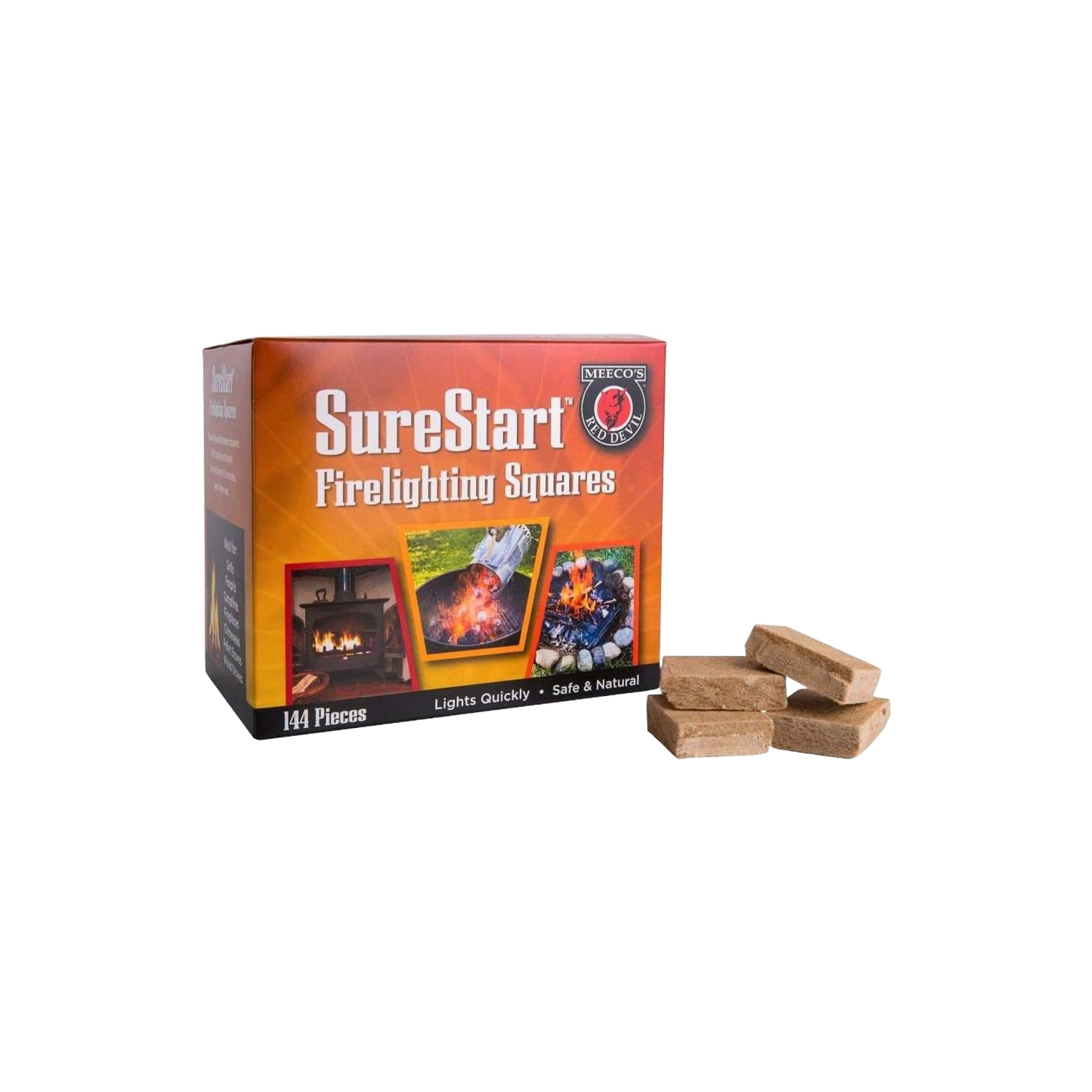 Box of natural firelighting squares with several brown starter squares displayed beside it in product shot