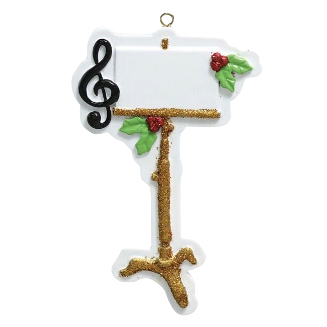 White and gold glitter music stand ornament with black treble clef and holly accents for Christmas décor under $50