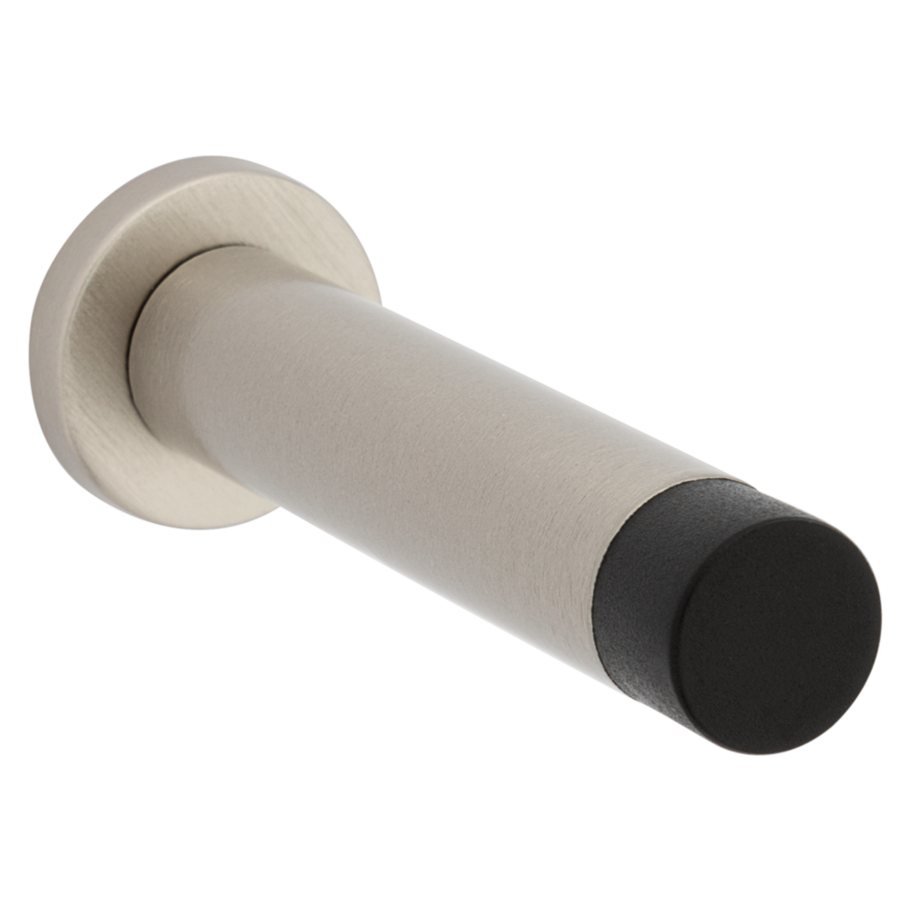 Satin nickel door stop with black rubber tip for wall and door protection in door accessories under $50