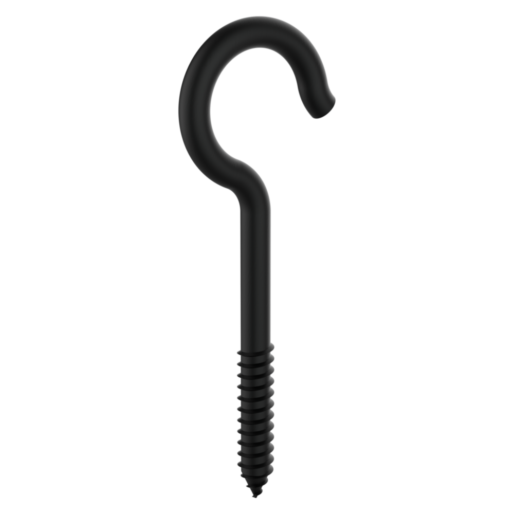 Black metal ceiling hook with threaded end for hanging items in storage and garage organization projects