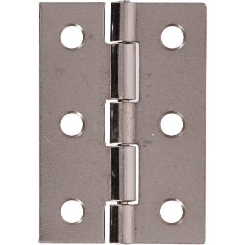 Satin nickel finish broad hinge with six mounting holes for cabinet and furniture hardware in home improvement collection
