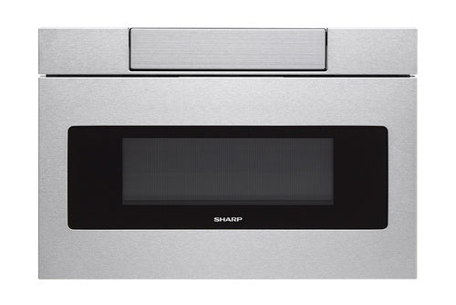 Stainless steel microwave drawer with black window panel and easy touch open feature in kitchen appliances collection