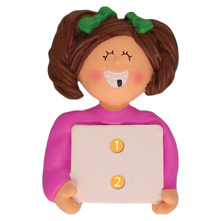 Personalized brunette girl ornament with missing tooth holding blank sign for Christmas Ornaments & Tree Decorations collection