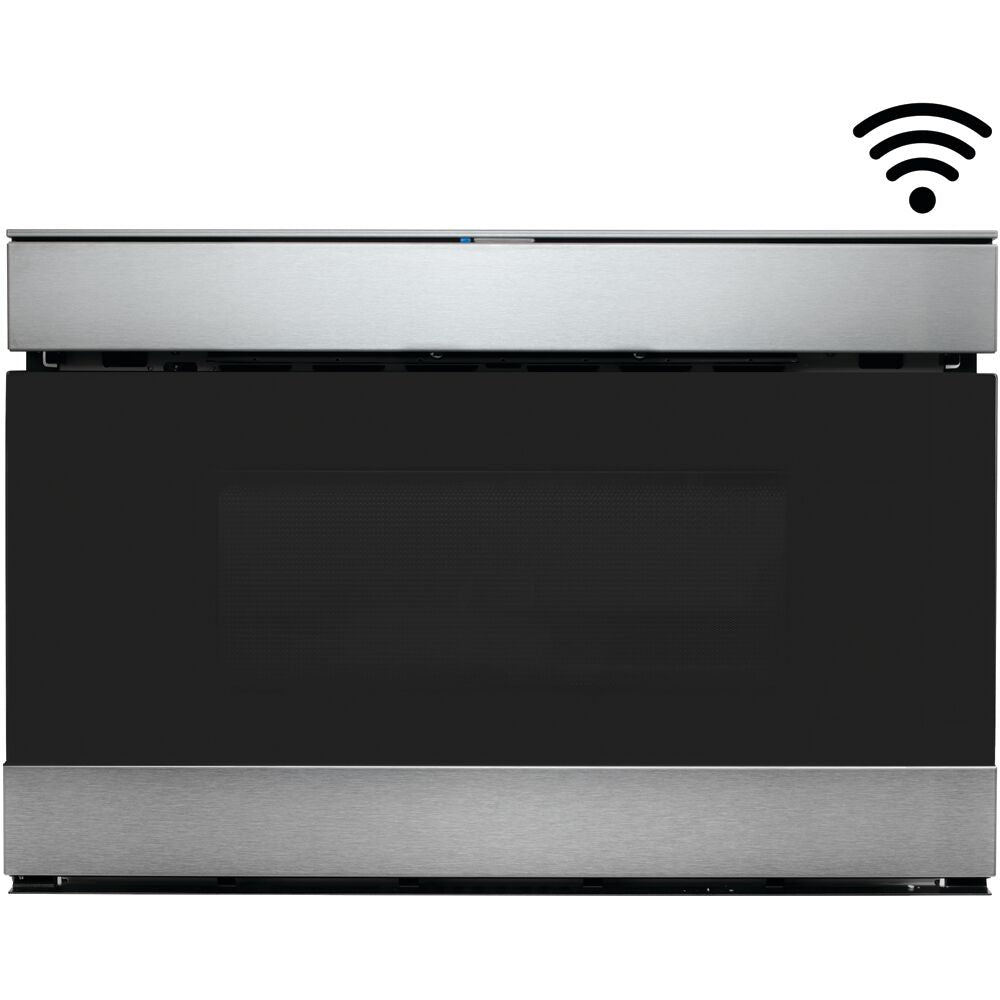 Built-in stainless steel flat panel microwave drawer with Wi-Fi connectivity for modern kitchen appliance integration