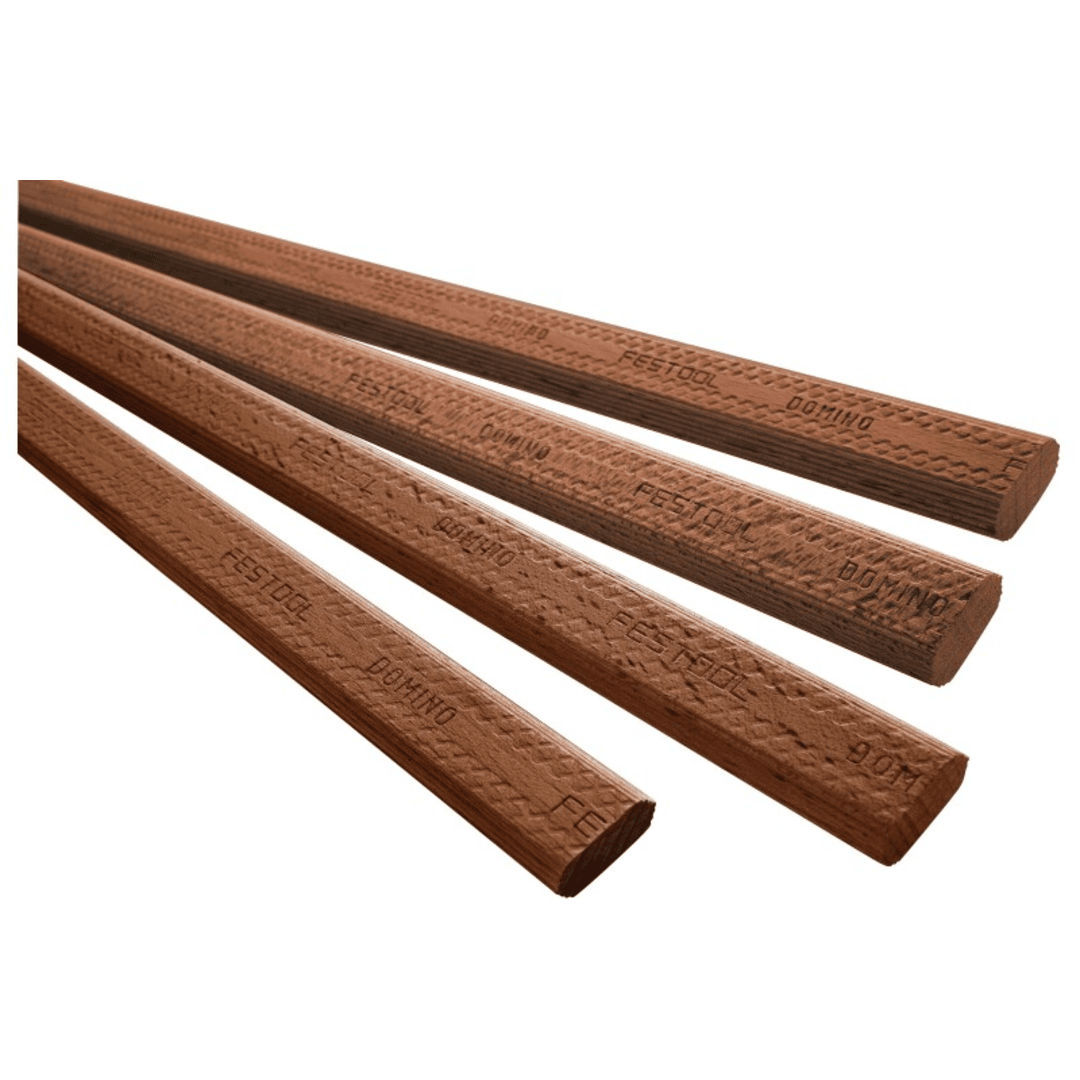 Set of four reddish-brown Sipo wood tenon stocks with embossed Festool and Domino logos for woodworking projects