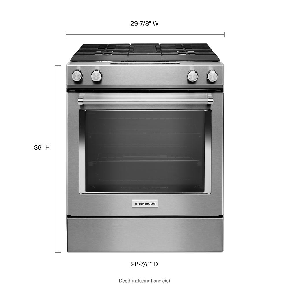 Front view of a stainless steel 30-inch dual fuel range with four burners and oven, KitchenAid appliance.