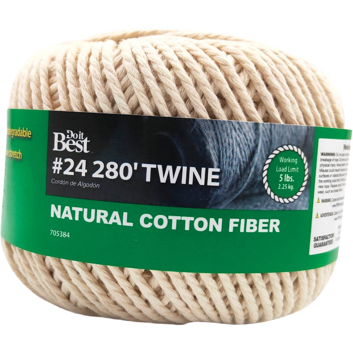 Natural beige cotton twine spool with green label indicating 280 feet length for tools and home improvement use