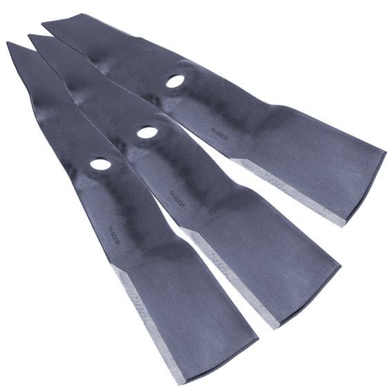 Set of three durable mower blades made for lawn care, featured in Parts & Lubricants for home improvement tools.