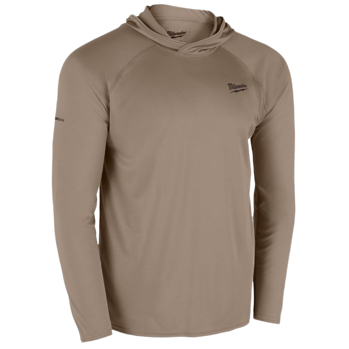 Lightweight sandstone-colored hooded sun shirt with long sleeves designed for outdoor work and home improvement tasks