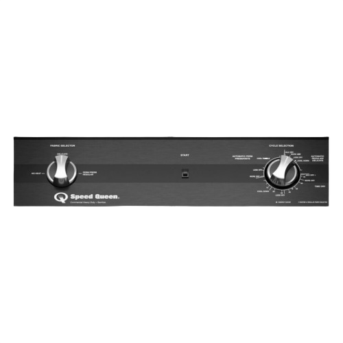Control panel of a black gas dryer with fabric and cycle selectors, part of Dryers and Gas Dryers collections for appliances