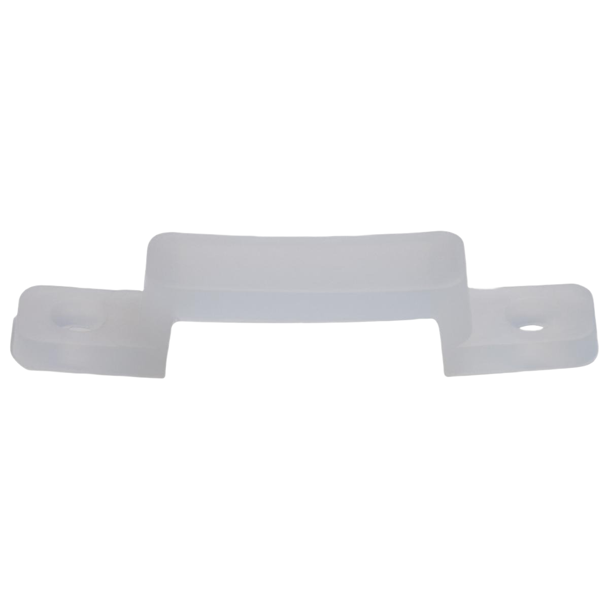Translucent plastic mounting bracket with screw holes for securing tape lighting in outdoor electrical and lighting projects