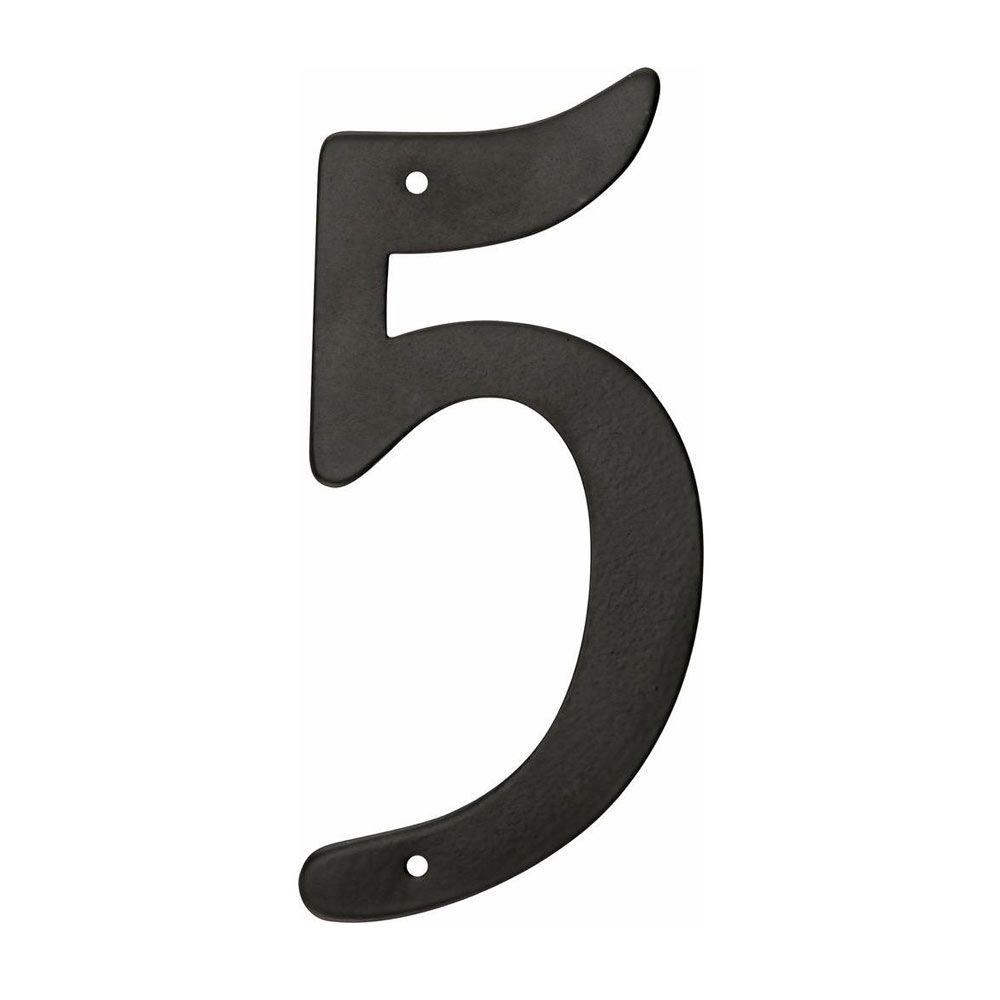 Black aluminum house number 5 with two mounting holes for easy installation in home improvement projects