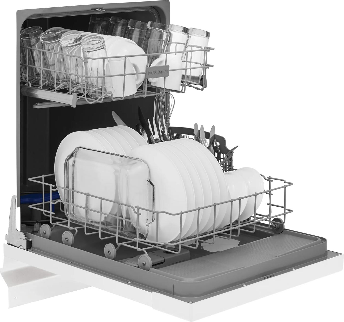 Open dishwasher loaded with clean white dishes, glassware, and utensils in home improvement and kitchen appliances collections