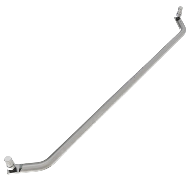 Silver metal tie rod assembly with threaded ball joints on each end for agricultural equipment repair and maintenance