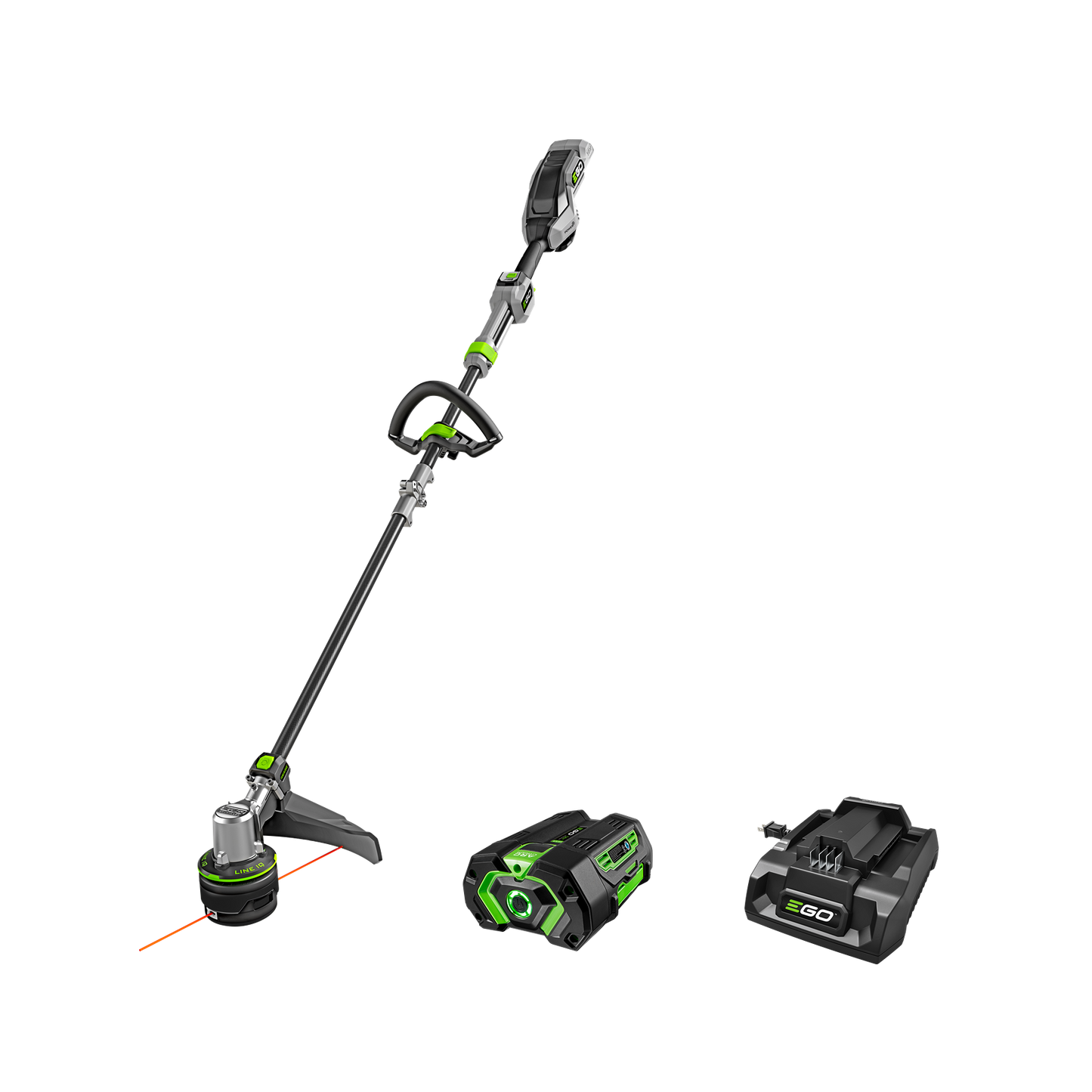 Green and black cordless string trimmer with Powerload battery and charger, designed for home improvement tasks