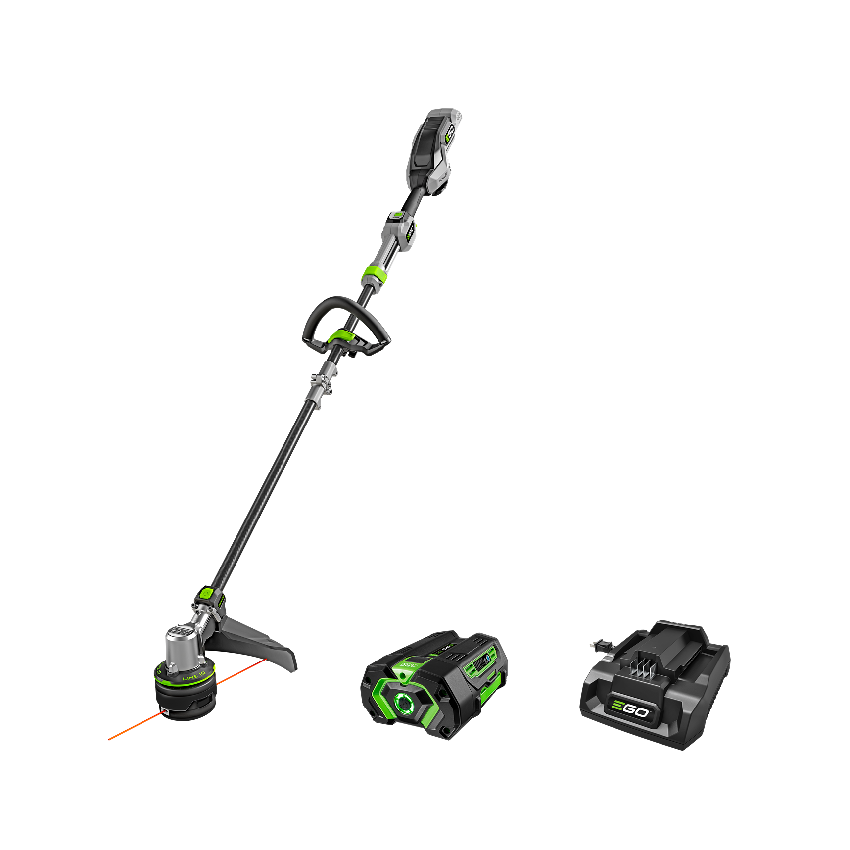 Green and black cordless string trimmer with Powerload battery and charger, designed for home improvement tasks