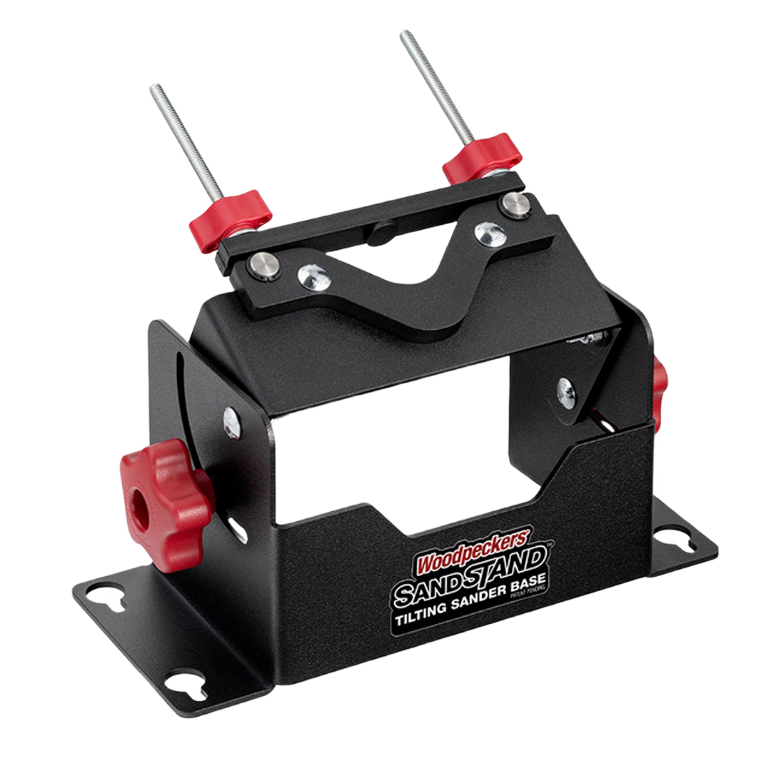 Black metal tilting sander base with red adjustment knobs designed for home improvement and woodworking tools.