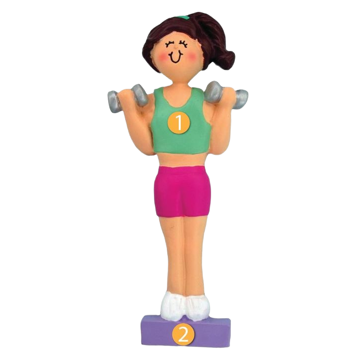 Personalized brunette female figurine lifting dumbbells in sporty outfit for Christmas Ornaments & Tree Decorations collection