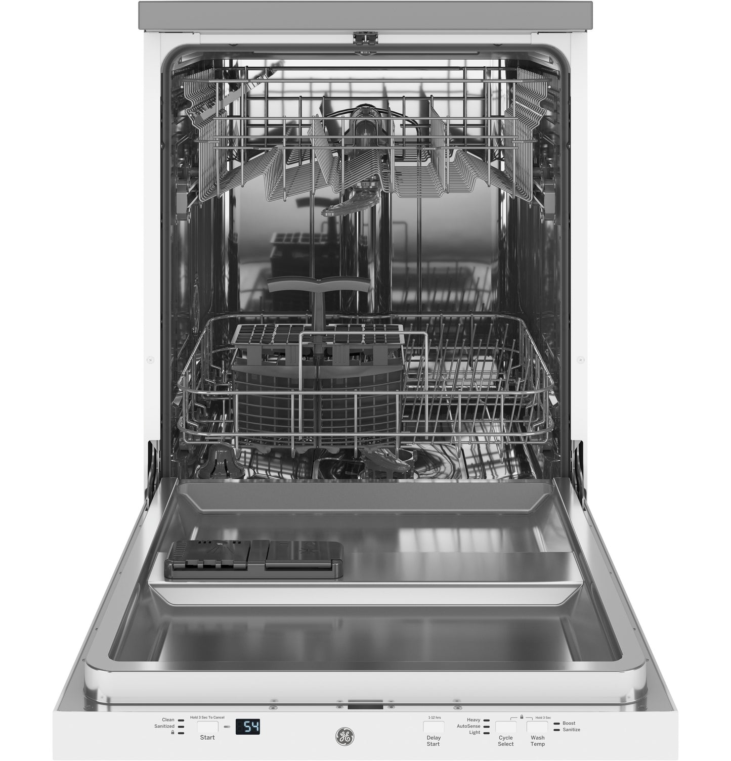 Open stainless steel portable dishwasher door showing racks and control panel with digital display in kitchenware setting
