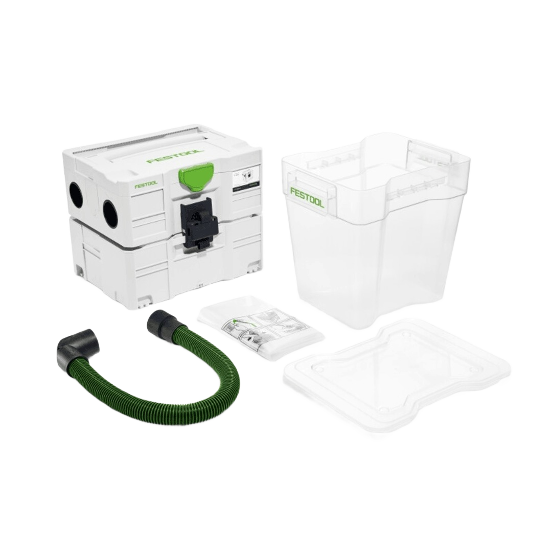 Compact dust collection cyclone separator with clear debris container and flexible hose for woodworking tools and dust management