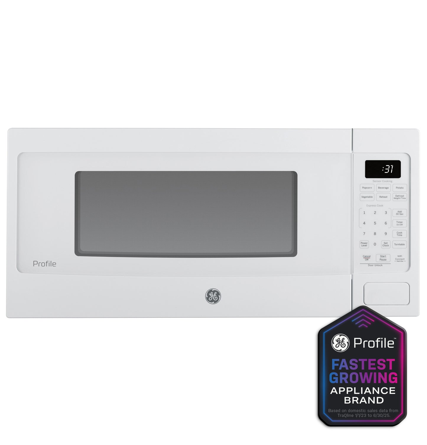 White GE Profile countertop microwave oven with digital keypad and timer display in kitchen appliances collection