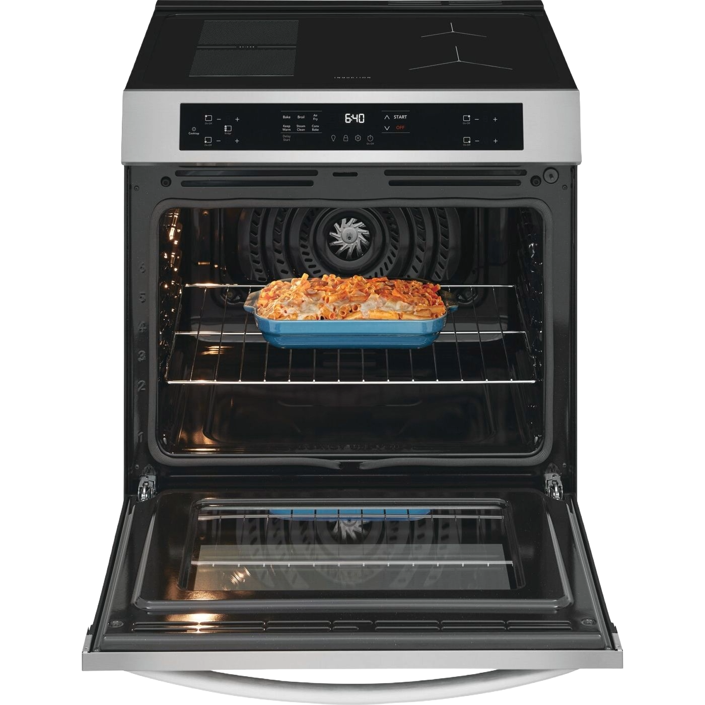 Open front control induction range oven with air fry feature cooking casserole dish, part of kitchen appliances.