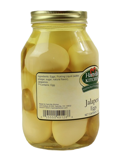 Glass jar of jalapeno-infused pickled eggs from Hartville Kitchen preserved goods and food & beverage collections
