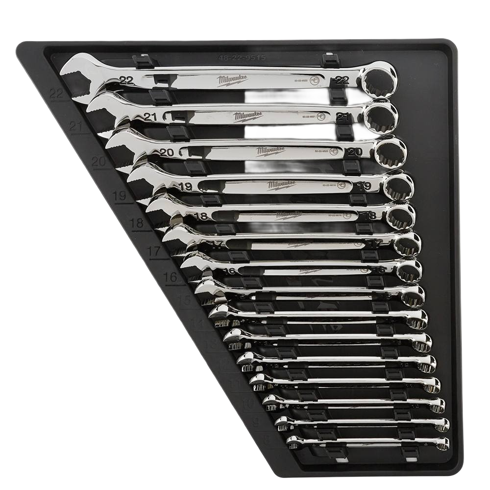 Set of polished combination metric wrenches with ratcheting box ends organized in a black tray for hand tools collection