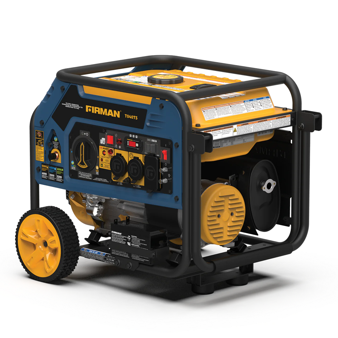 Heavy-duty portable tri-fuel generator with electric start, yellow wheels, and control panel for tools and home improvement use