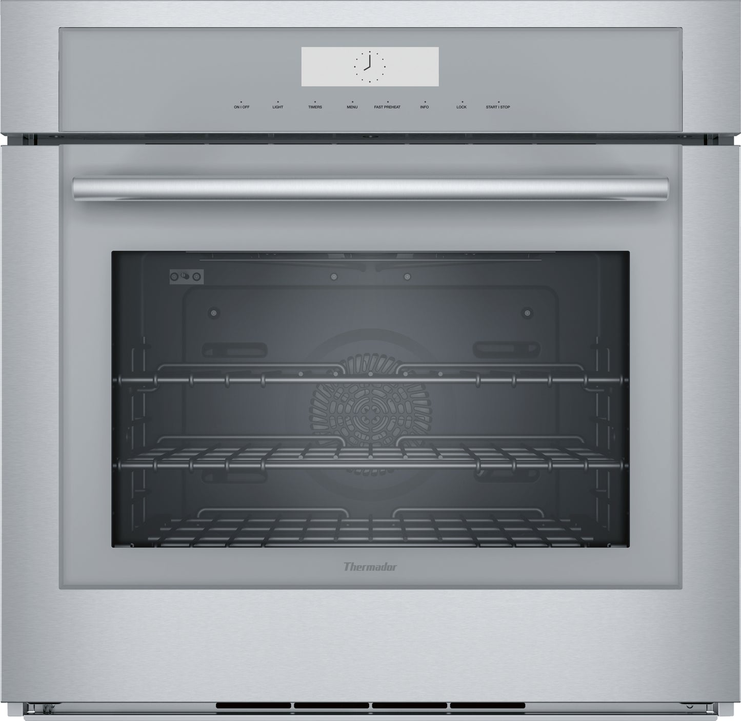 Stainless steel single wall oven with digital clock display and convection racks from Thermador Appliances collection