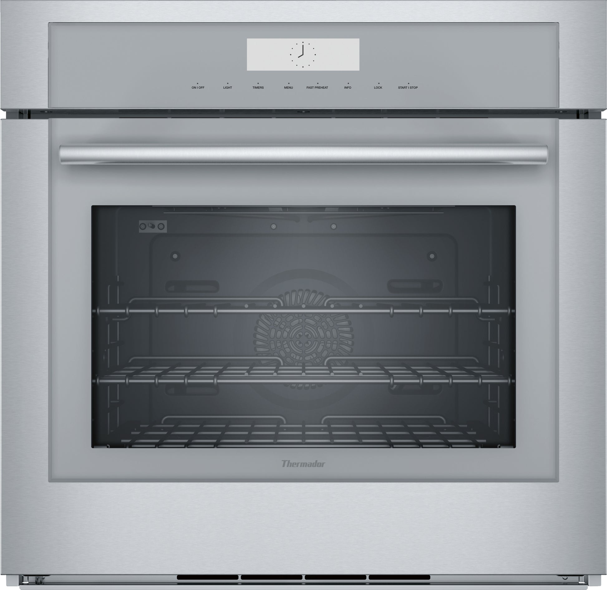 Stainless steel single wall oven with digital clock display and convection racks from Thermador Appliances collection