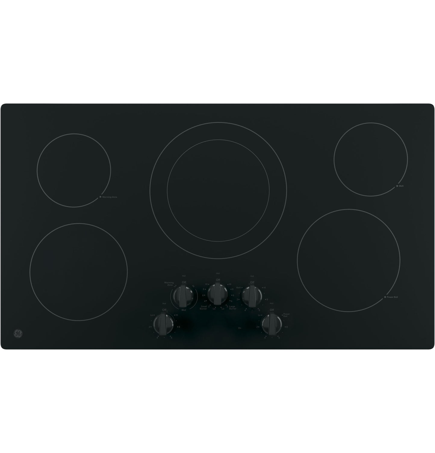Black built-in electric cooktop with five burners and front knob controls in kitchen appliances and cooktops collection
