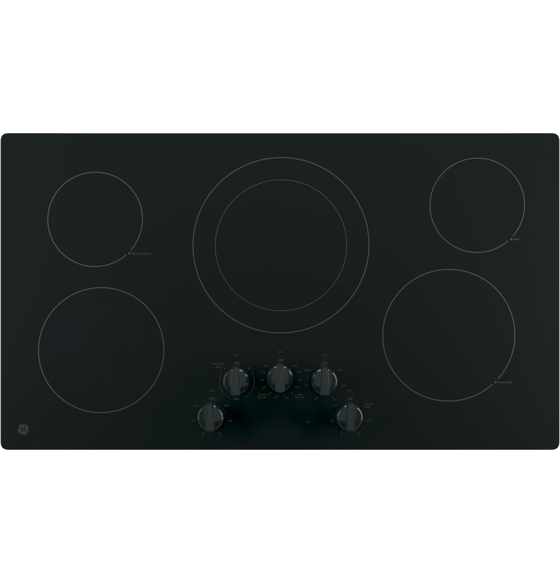 Black built-in electric cooktop with five burners and front knob controls in kitchen appliances and cooktops collection