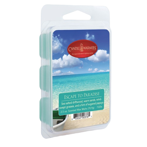 Clamshell pack of scented wax melts with tropical beach imagery and ocean theme for home fragrance use