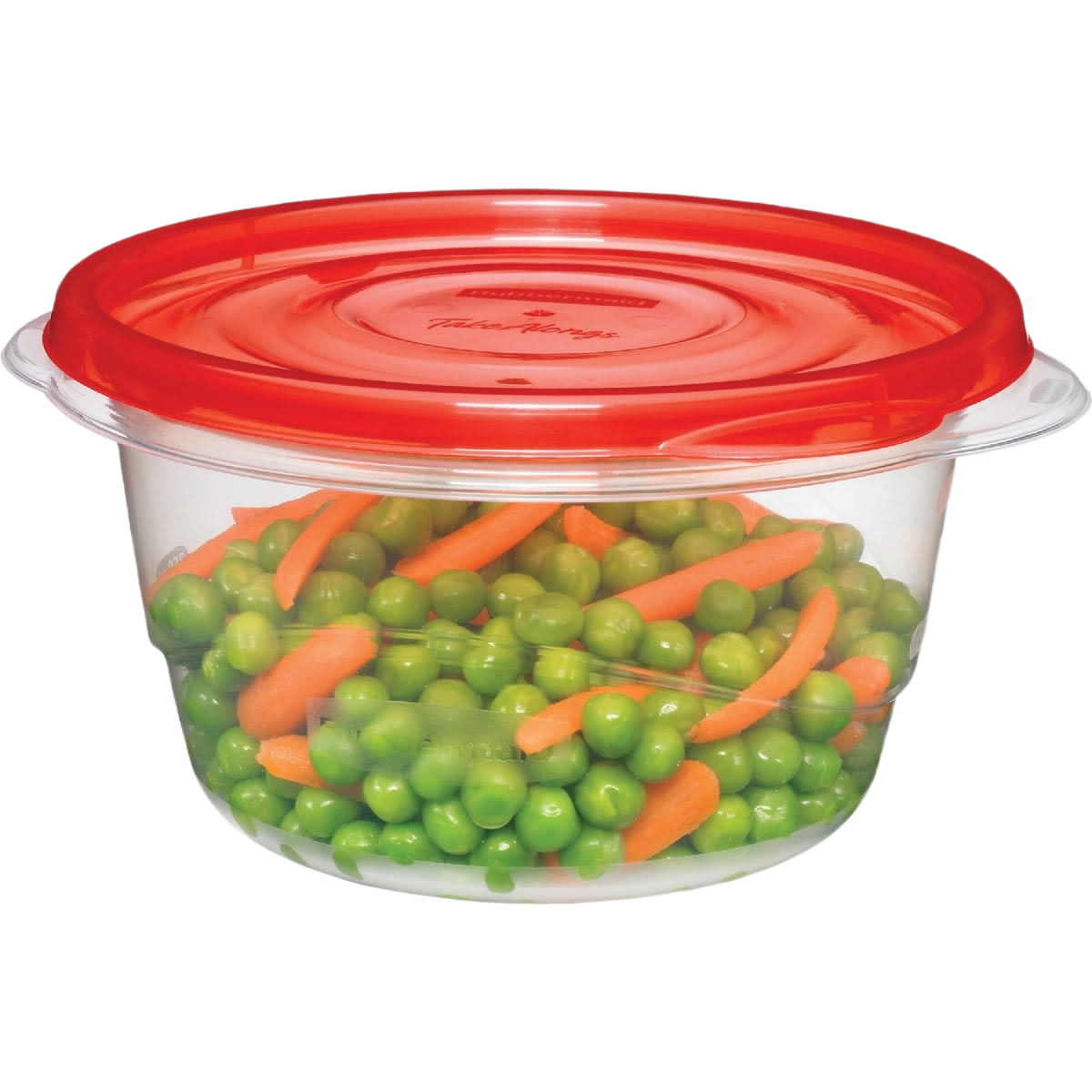 Clear round food container with red lid holding fresh peas and carrot sticks for kitchen storage use