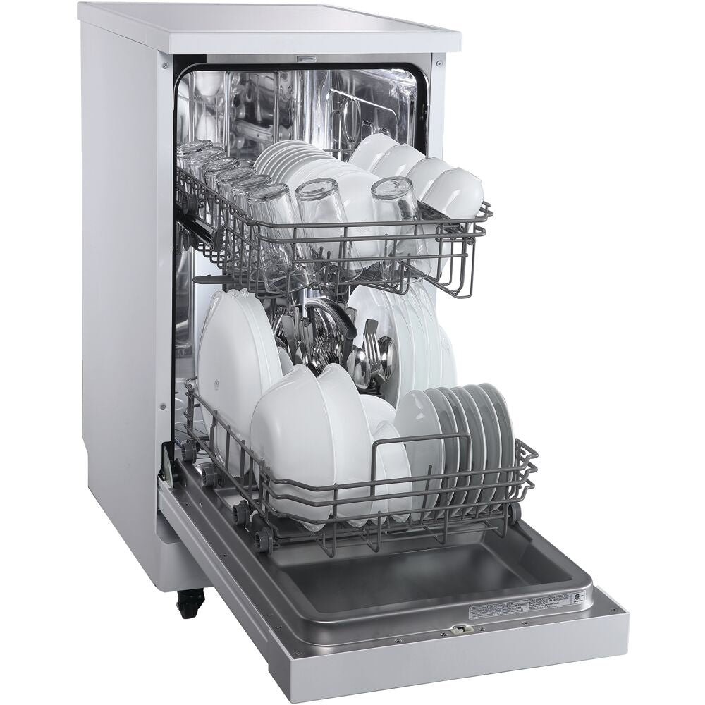 Compact dishwasher with stainless steel interior fully loaded with plates, bowls, glassware, and silverware in kitchen appliances collection