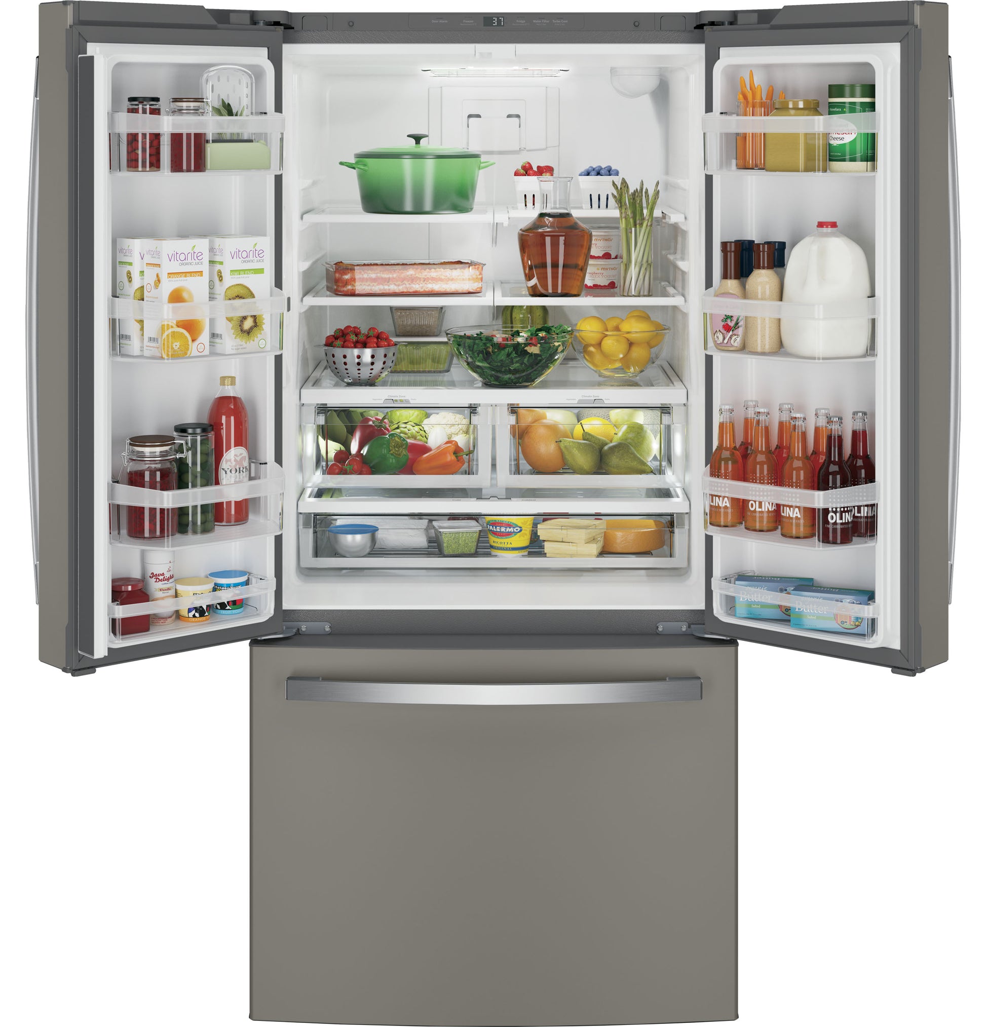 Open stainless steel french-door refrigerator filled with groceries in kitchen appliances and refrigerators collection