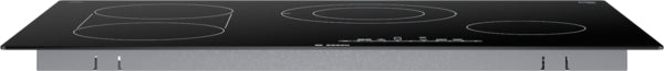 Black glass electric cooktop with seamless design and multiple heating zones from Bosch kitchen appliances collection
