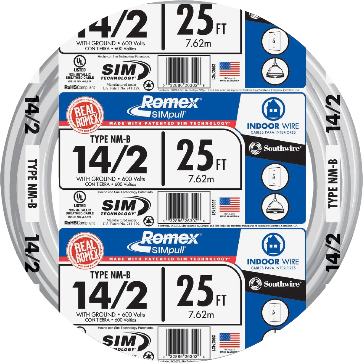 Bundle of 25 ft white solid electrical wire labeled type NM-B for indoor use in building wire and home improvement projects