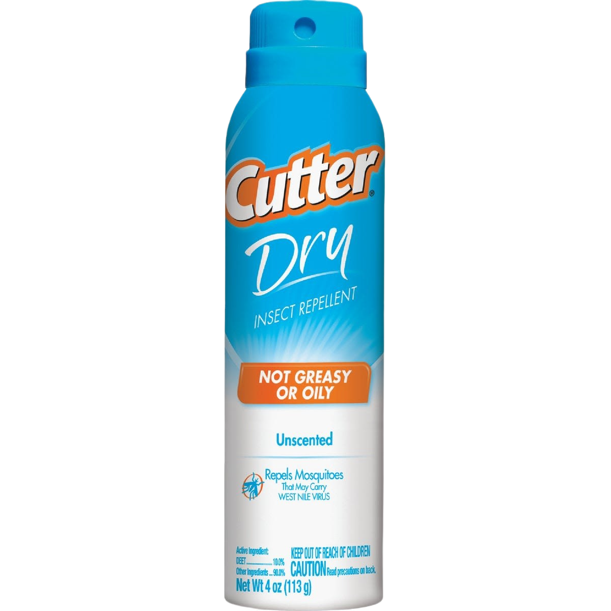 Blue and white dry insect repellent spray can with unscented formula for effective bug protection outdoors