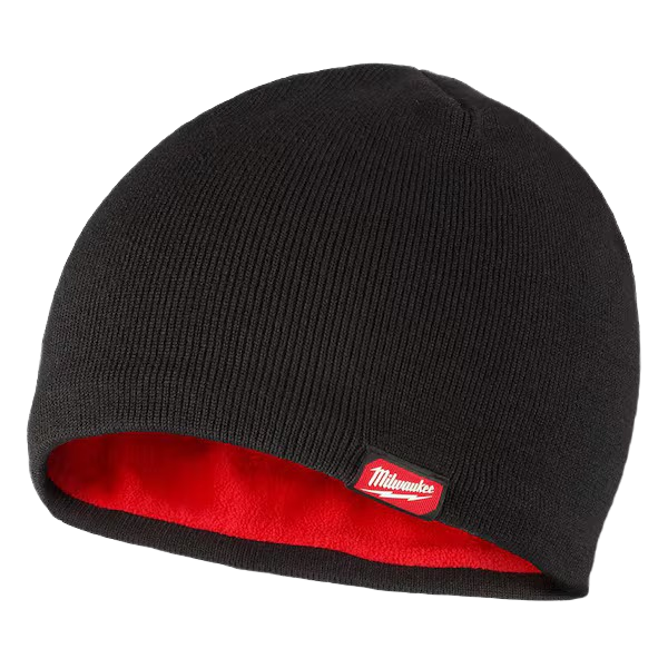 Black knit beanie with red fleece lining and Milwaukee logo for warmth in cold weather, part of Milwaukee Apparel collection
