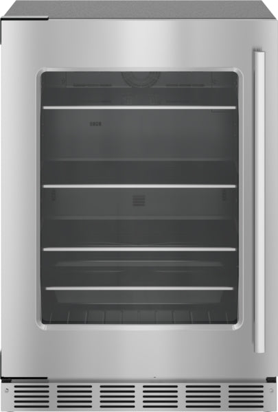 Under counter stainless steel refrigerator with glass door, adjustable shelves, designed for kitchen and appliance collections