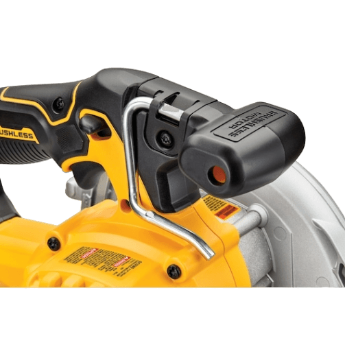 Close-up of a yellow and black cordless circular saw handle and motor housing with ergonomic grip, brushless motor, and metal blade guard, suitable for woodworking tools and home improvement projects.
